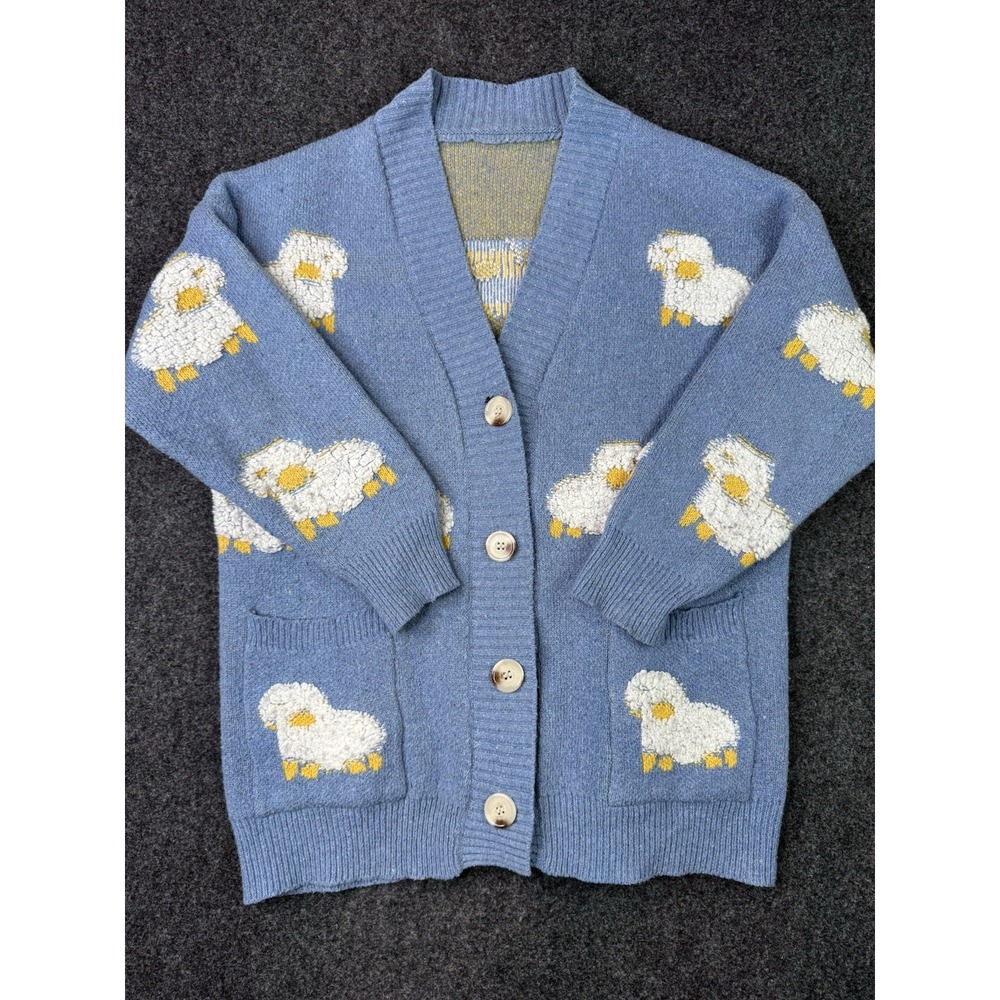 Vintage Handmade Sheep Cardigan Blue Novelty Knit Lamb Cottagecore Oversized